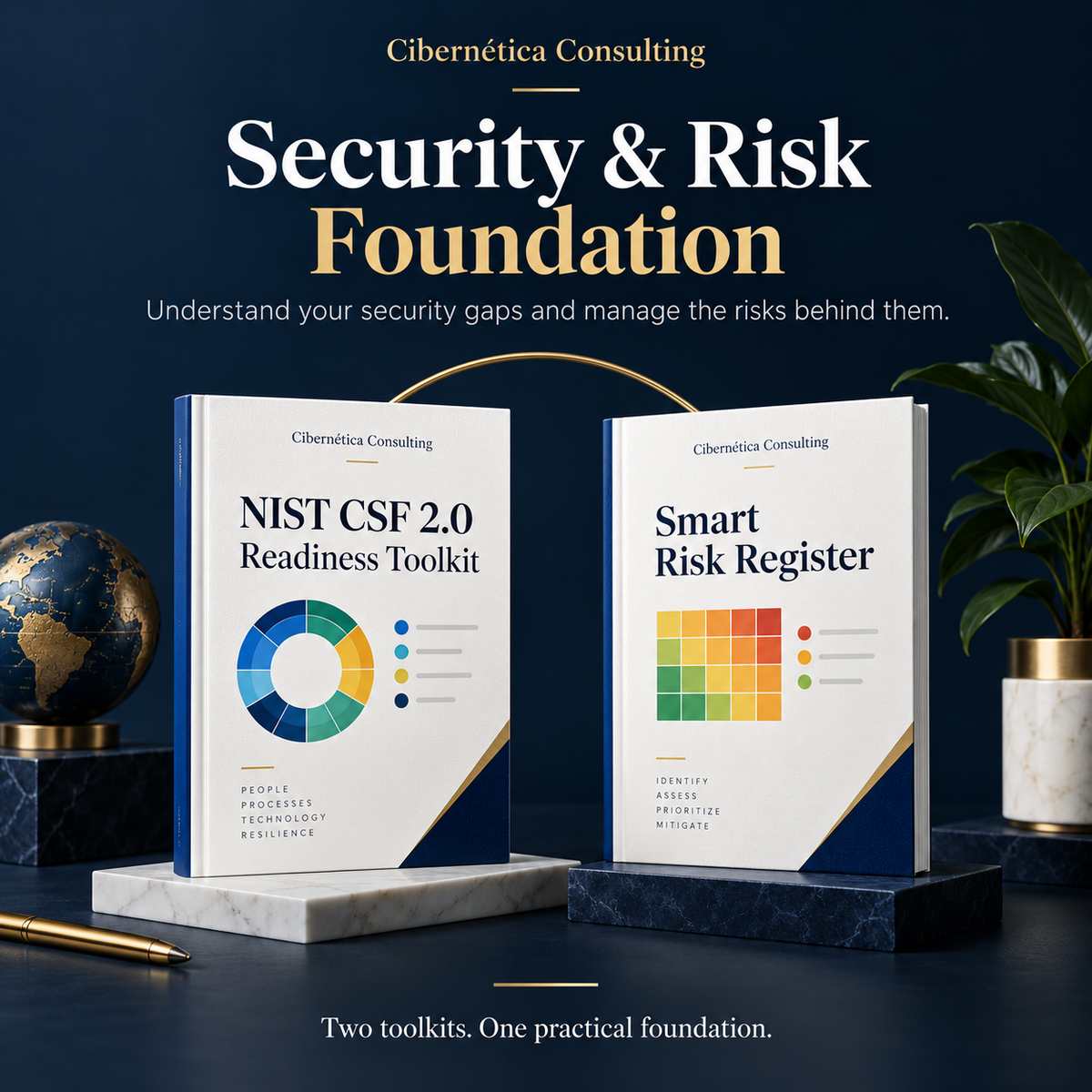 Cibernética Security and Risk Foundation bundle conceptual product artwork in navy, blue and gold