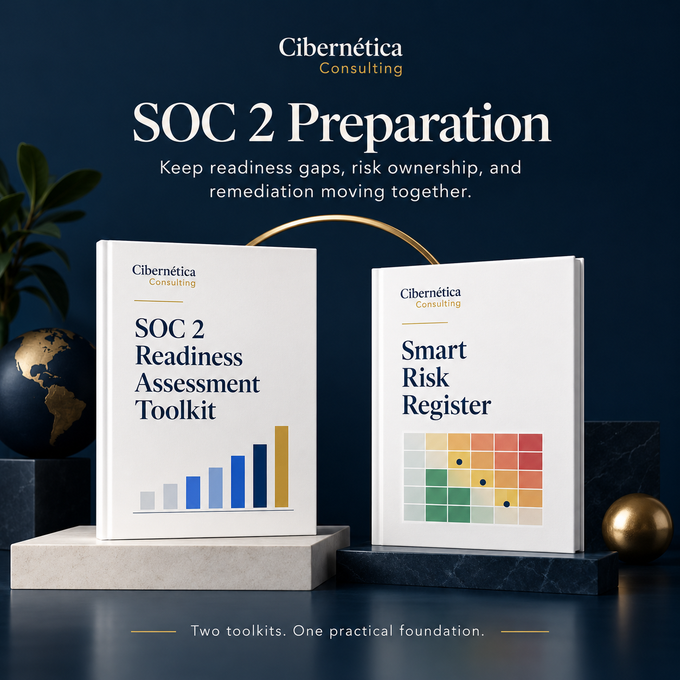 Cibernética SOC 2 Preparation bundle conceptual product artwork in navy, blue and gold
