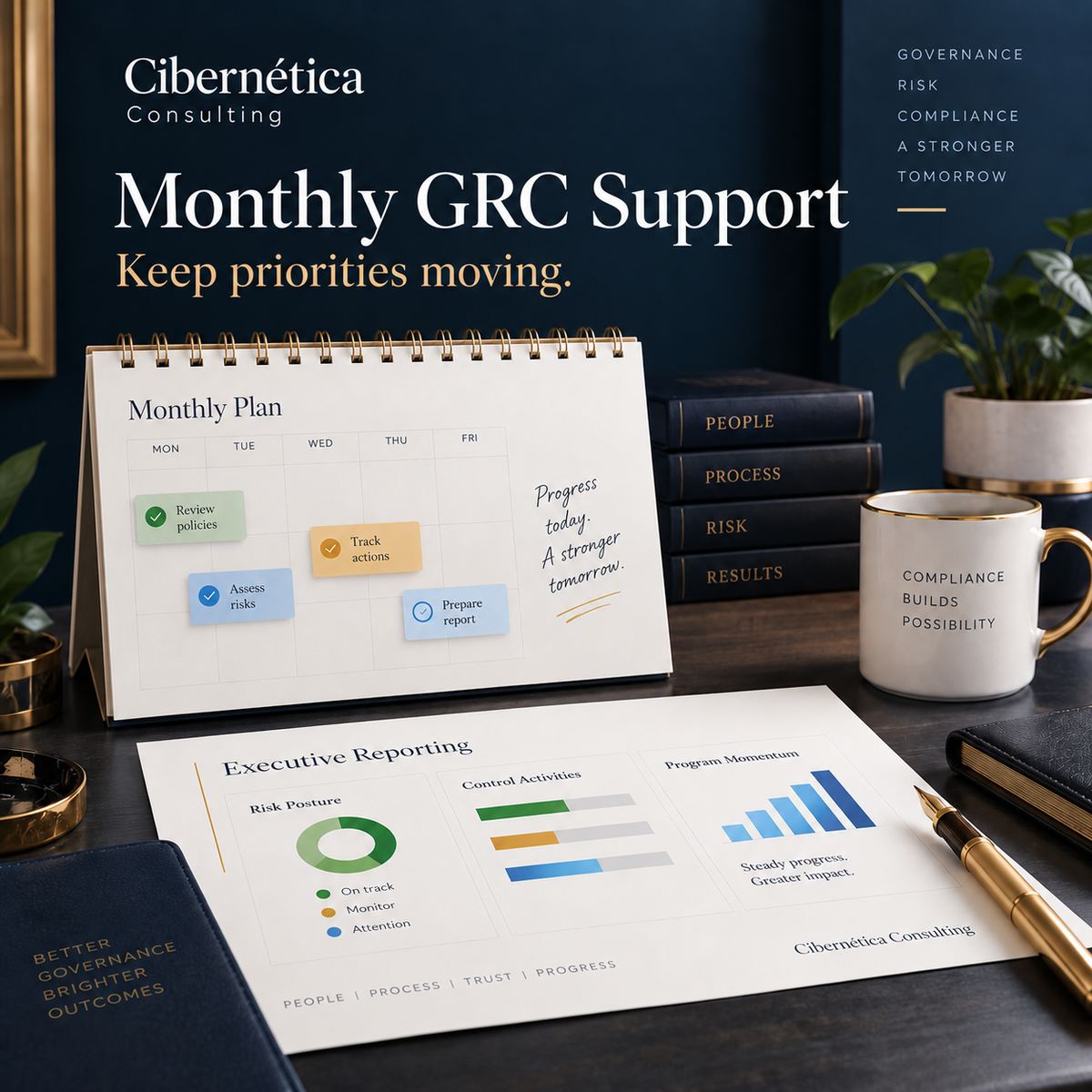 GRC Maintenance — Risk updates, evidence follow-up, compliance calendar, and monthly status reporting.