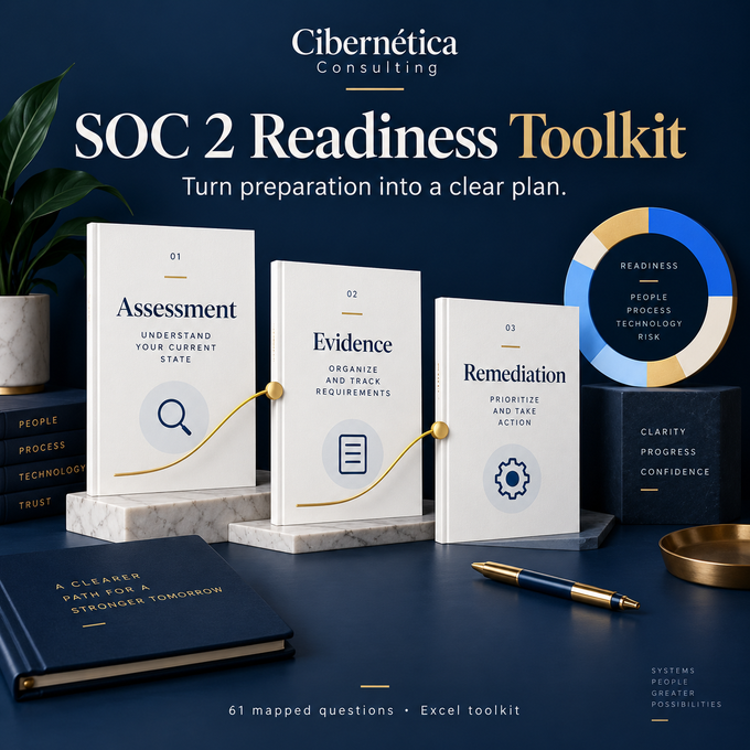 Cibernética SOC 2 Readiness Toolkit conceptual product artwork in navy, blue and gold